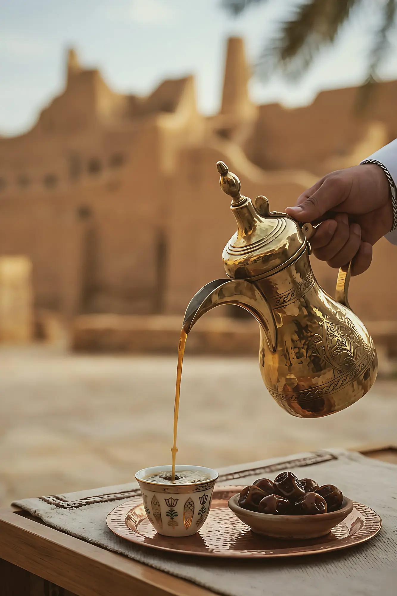Saudi coffee poured from a brass dallah